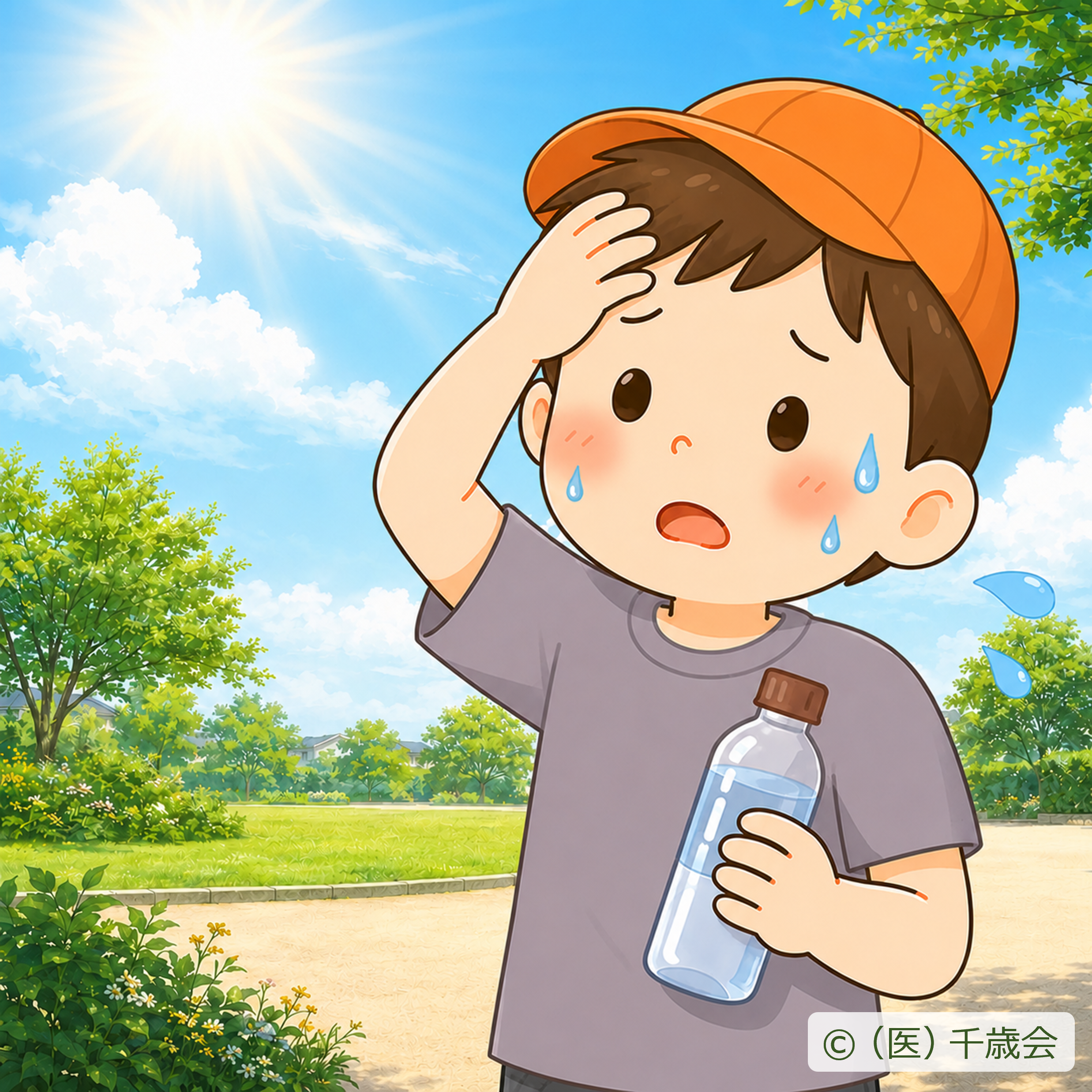 暑さで汗をかき、水分補給をしようとしている子どものイラスト